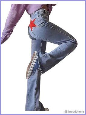 Micro Flare Mid Rise Stretchy Denim Jeans with Star Patches